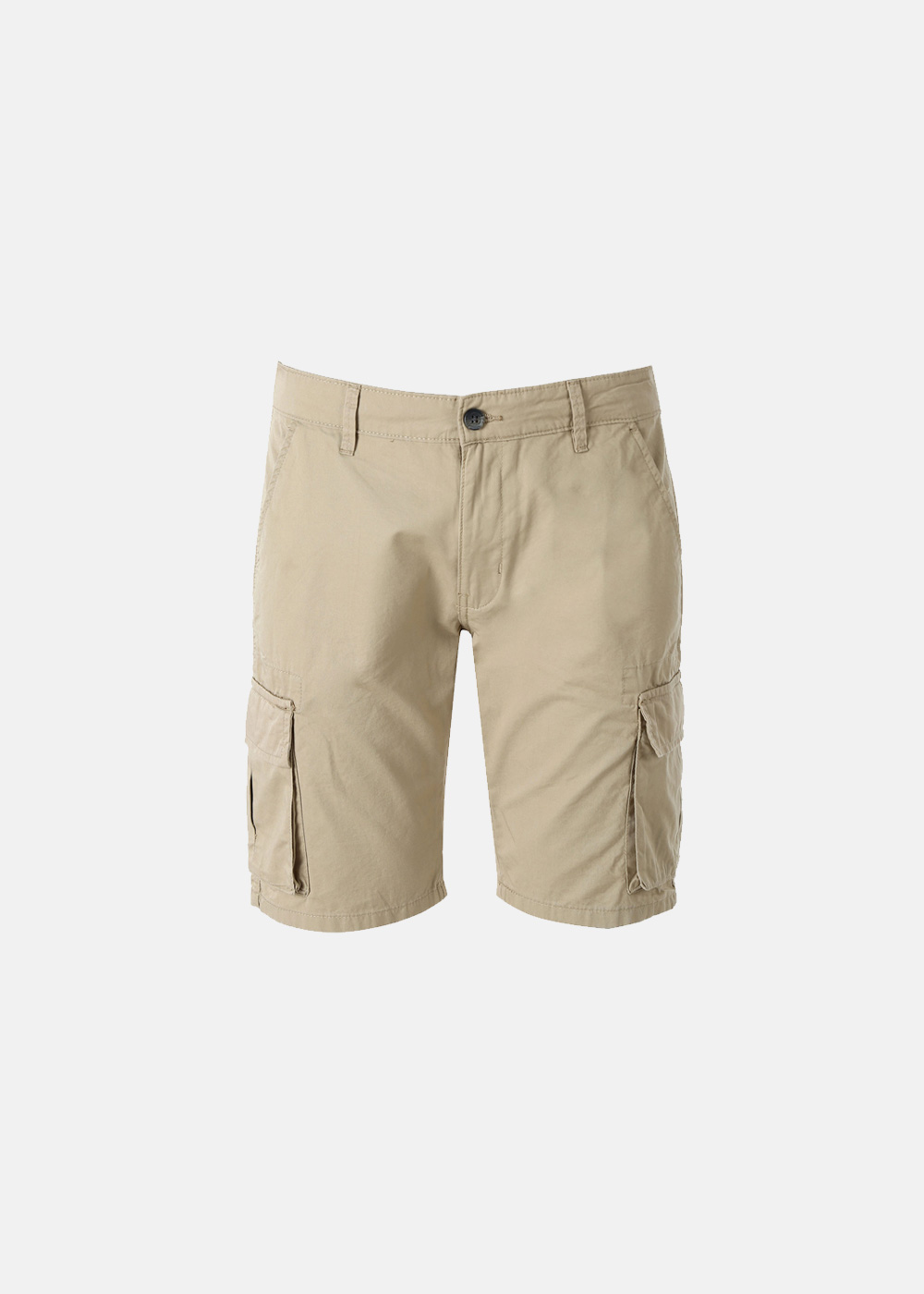 Beige khaki cargo shorts with front button, belt loops and side flap pockets, front view on white background