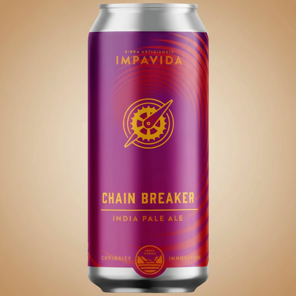 A purple beer can labeled "Chain Breaker India Pale Ale" with a compass-like logo.