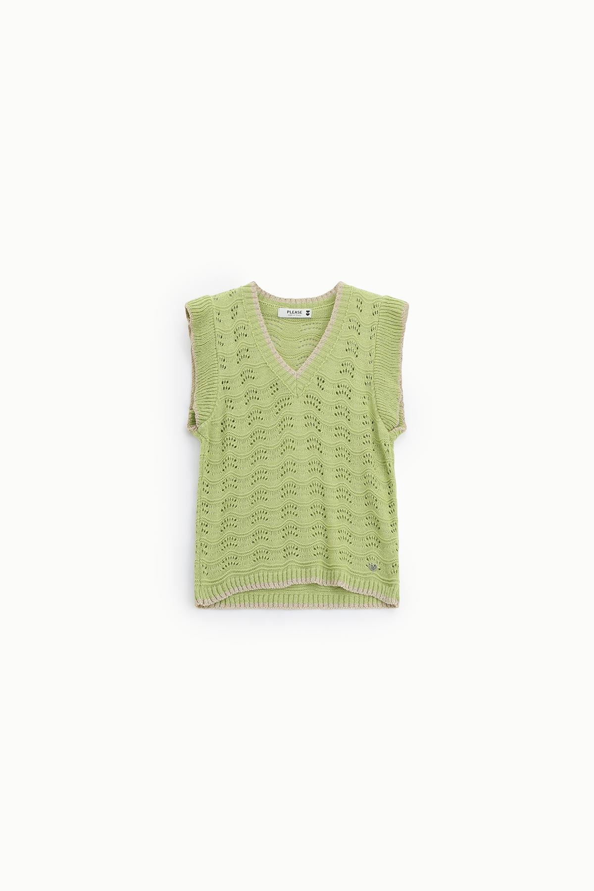 Light green knitted sleeveless V-neck vest with eyelet scallop pattern and contrasting beige trim, flat-lay on white background