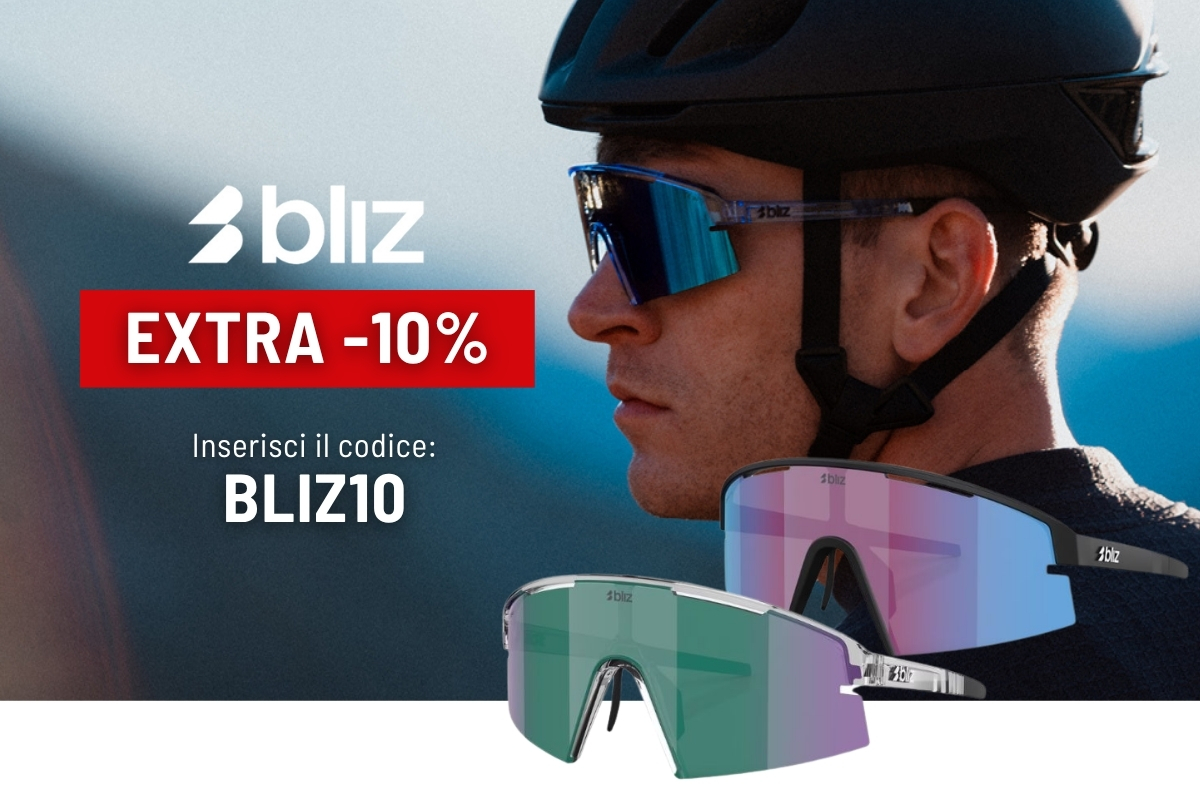 Sports sunglasses by Bliz displayed with cyclist wearing helmet and mirrored lenses, promo EXTRA -10% code BLIZ10