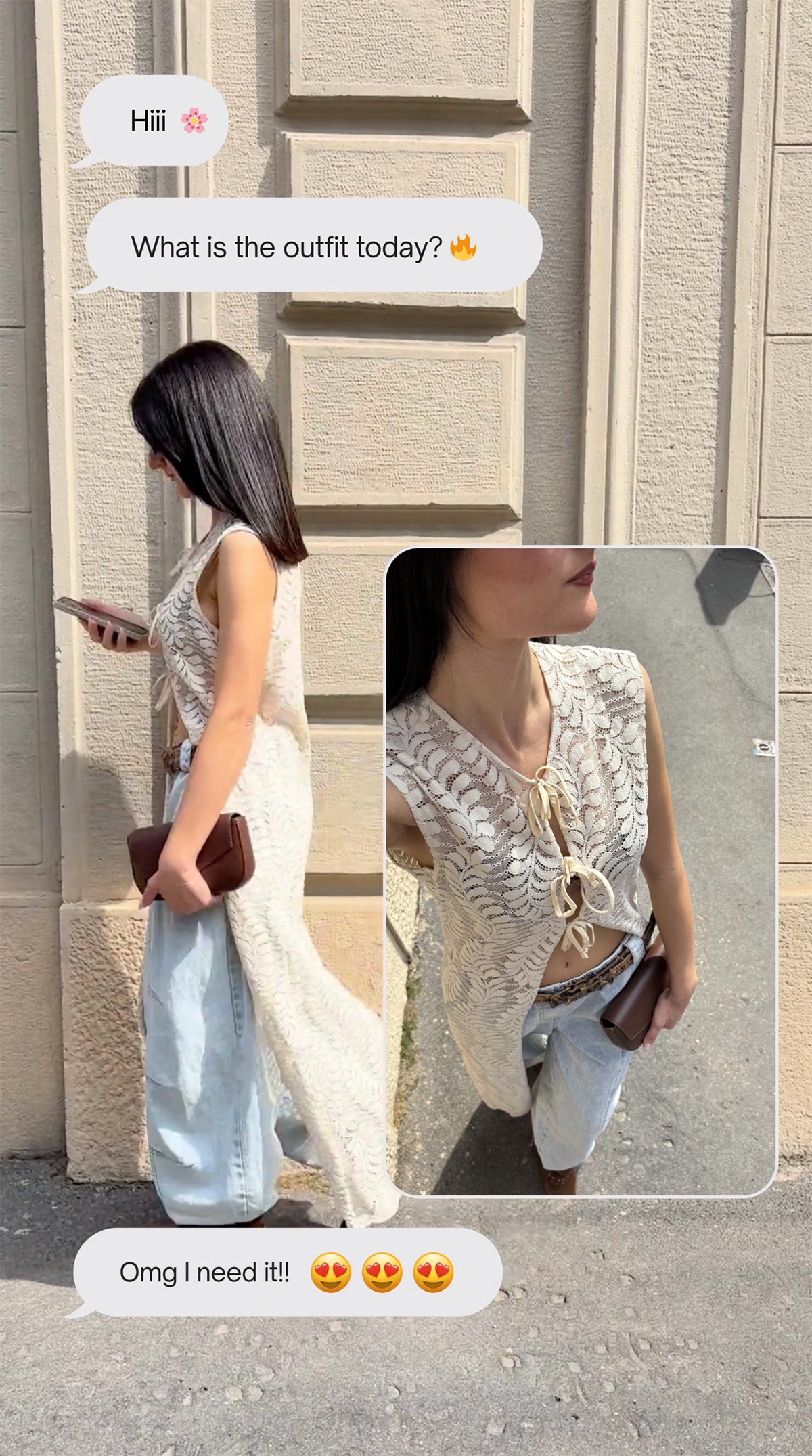 Woman in cream crochet tie-front long vest and light wide jeans holding brown clutch by textured beige wall, inset close-up of crochet top