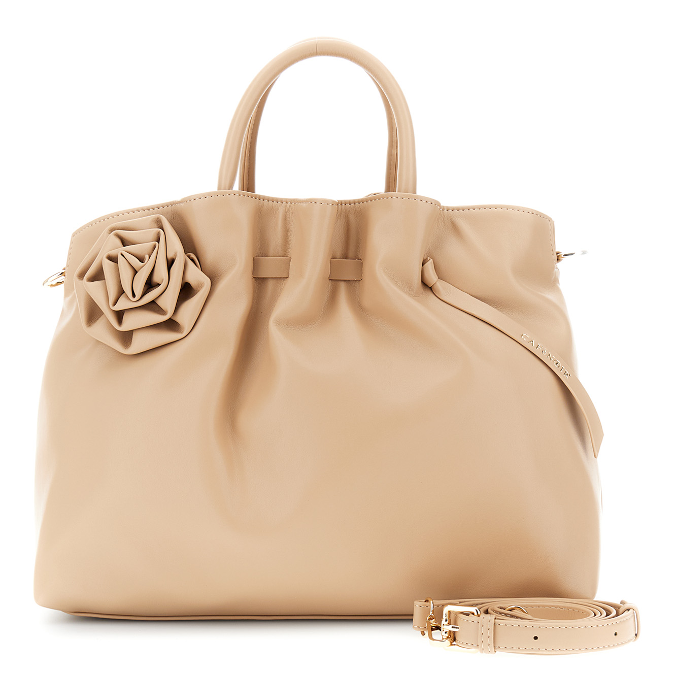 Image of borsa grande morbida con pieghe effetto nappa con applicazione in tinta nude