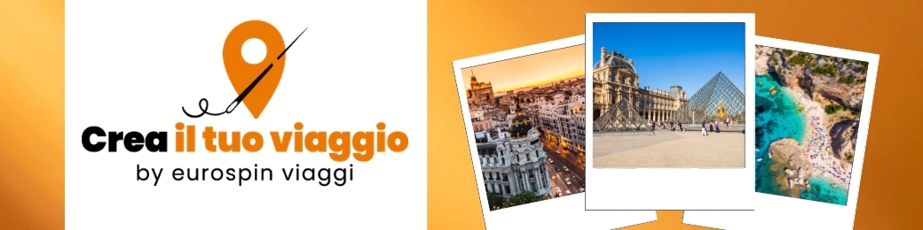 Travel agency logo 'Crea il tuo viaggio by Eurospin Viaggi' with three postcard photos of European cityscapes, the Louvre and a sunny beach
