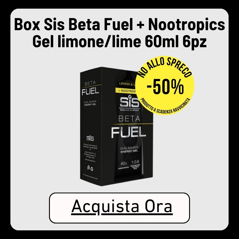 Box of SiS Beta Fuel + Nootropics lemon-lime energy gels 60ml 6-pack with 50% off yellow sticker and 'Acquista Ora' button