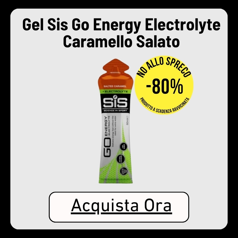 SiS GO Energy Electrolyte salted caramel gel sachet with yellow '-80% discount' badge and 'Buy Now' button