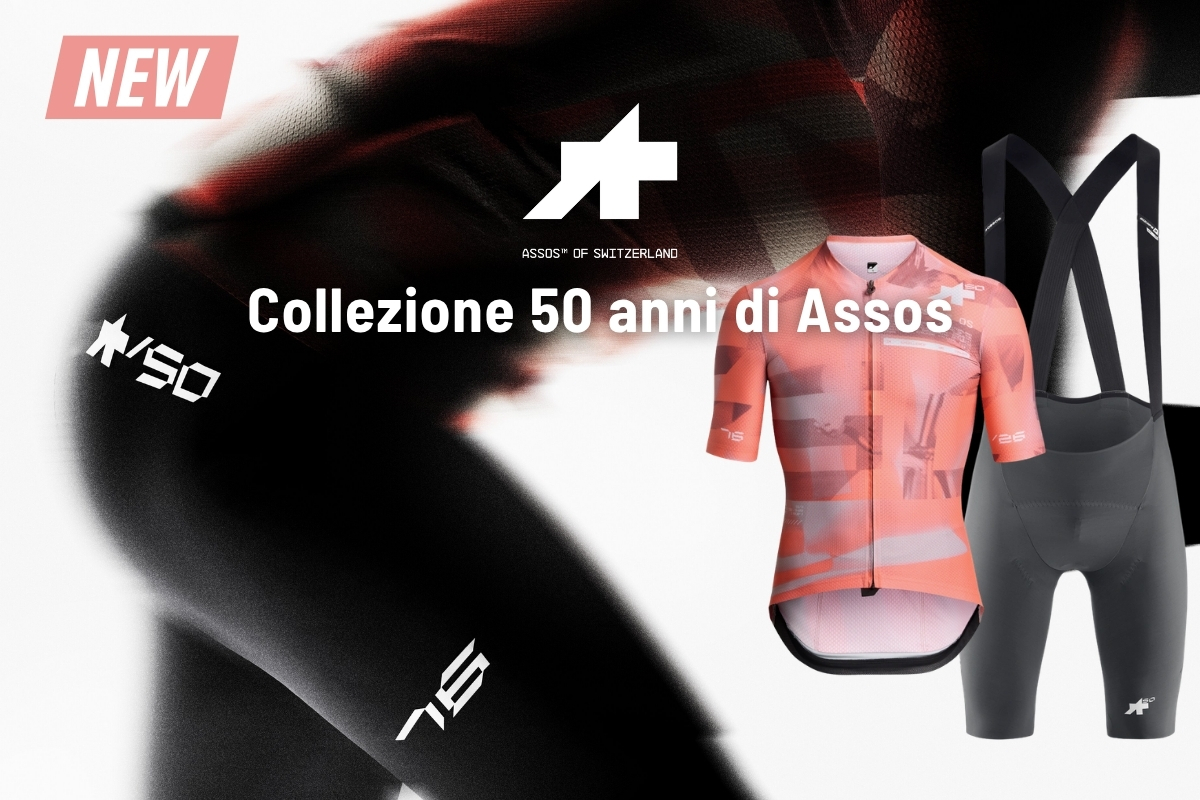 Assos 50th anniversary collection: coral patterned cycling jersey and grey bib shorts displayed on white background with 'NEW' label