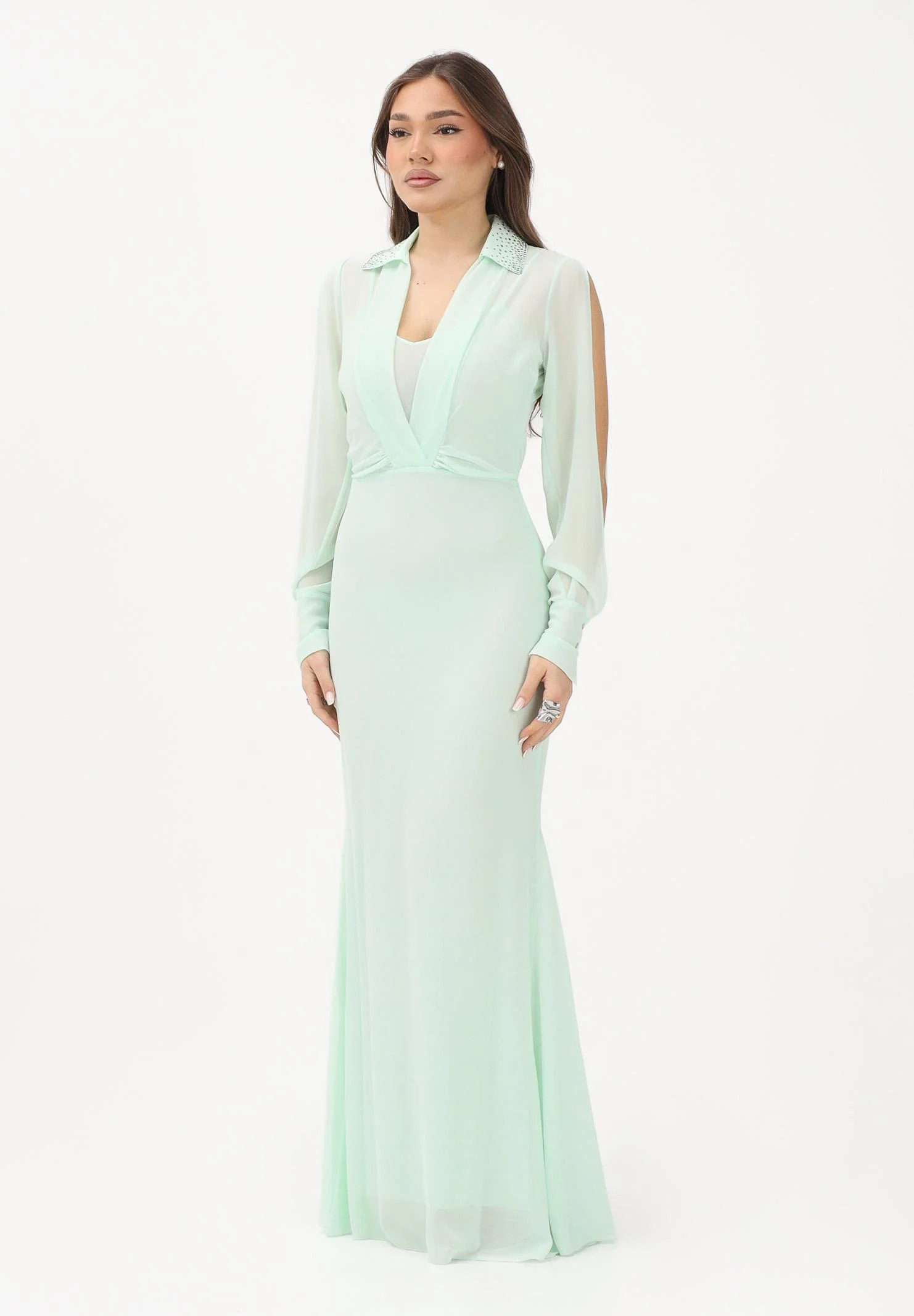 Image of PATRIZIA PEPE Abito lungo verde menta da donna con scollo a V e maniche con cut-out