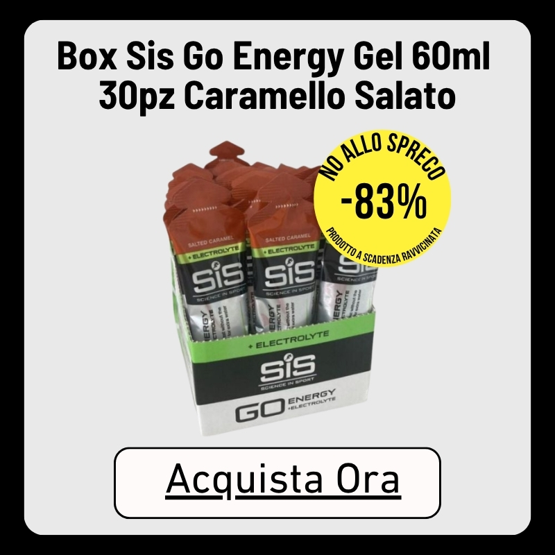 Box of SiS GO Energy Gel 60ml (30 salted caramel sachets) with prominent -83% promotional sticker