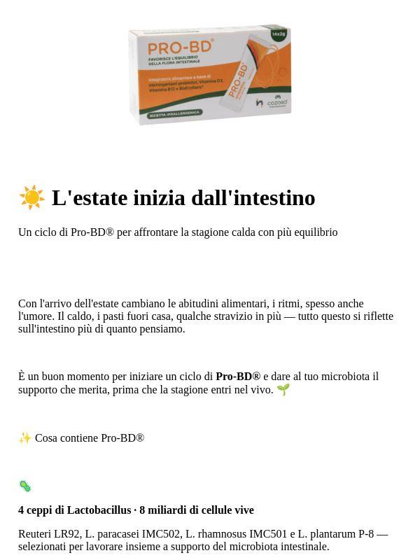 ☀️ Intestino in equilibrio per tutta l'estate — inizia il ciclo con Pro-BD®