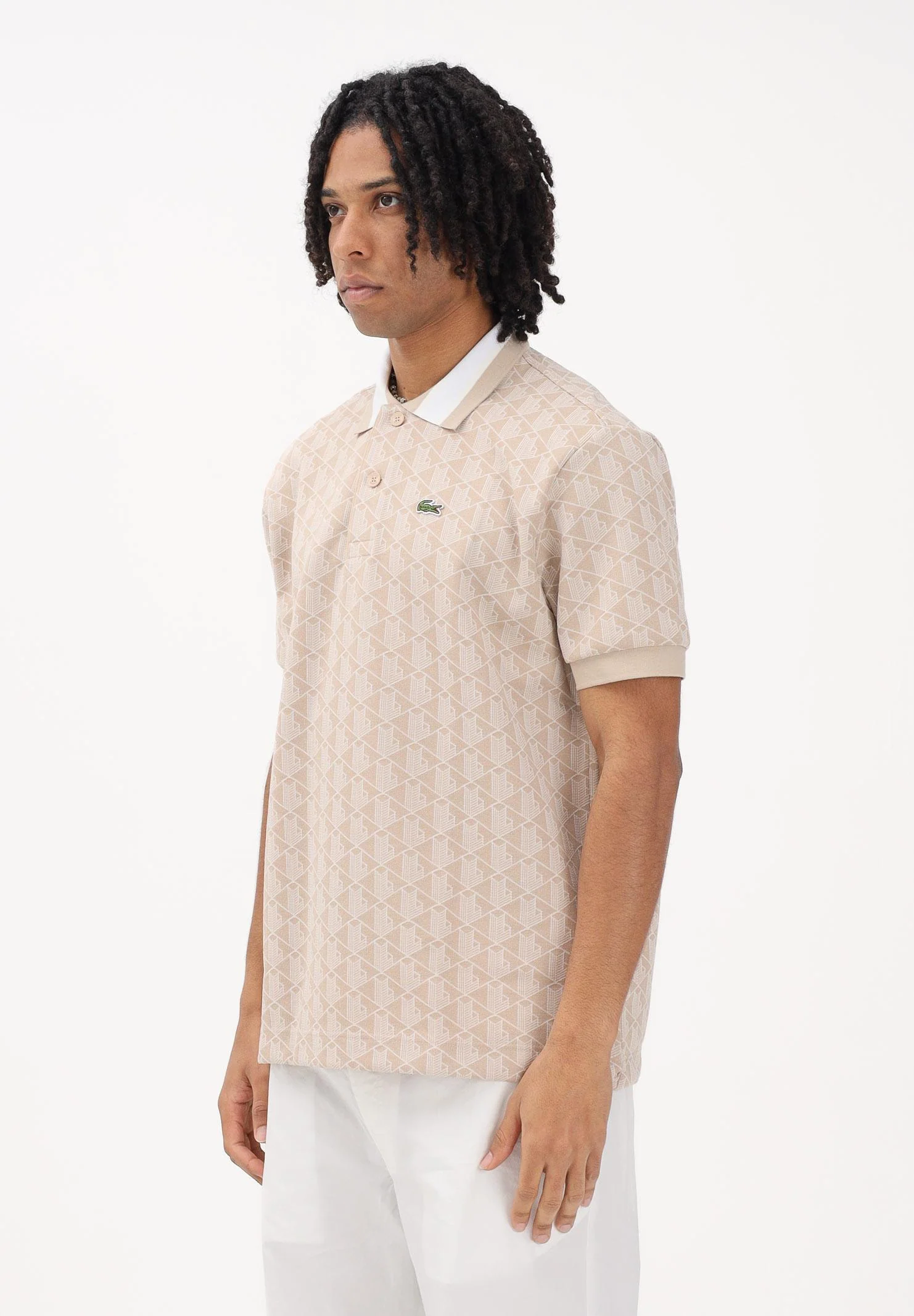 Image of LACOSTE Polo a manica corta beige da uomo con motivo monogram