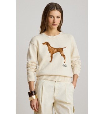 Maglione in cotone con cane intarsia bianco crema