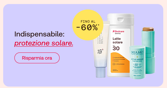 “Prodotti per la protezione solare, tra cui latte solare Redcare Derma e stick SPF 50, con offerta fino al -60%. Testo: ‘Indispensabile: protezione solare’ e pulsante ‘Risparmia ora’.” “Prodotti per la protezione solare, tra cui latte solare Redcare Derma e stick SPF 50, con offerta fino al -60%. Testo: ‘Indispensabile: protezione solare’ e pulsante ‘Risparmia ora’.”