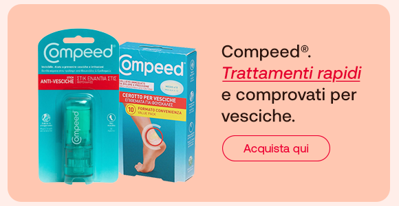 “Prodotti Compeed per il trattamento delle vesciche, tra cui stick anti-vesciche e cerotti. Testo: ‘Trattamenti rapidi e comprovati per vesciche’ con pulsante ‘Acquista qui’.” “Prodotti Compeed per il trattamento delle vesciche, tra cui stick anti-vesciche e cerotti. Testo: ‘Trattamenti rapidi e comprovati per vesciche’ con pulsante ‘Acquista qui’.”