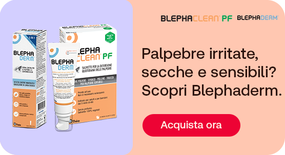 “Prodotti Blephaderm e Blephaclean PF per la cura e l’igiene delle palpebre su sfondo colorato. Testo: ‘Palpebre irritate, secche e sensibili? Scopri Blephaderm’ con pulsante ‘Acquista ora’.” “Prodotti Blephaderm e Blephaclean PF per la cura e l’igiene delle palpebre su sfondo colorato. Testo: ‘Palpebre irritate, secche e sensibili? Scopri Blephaderm’ con pulsante ‘Acquista ora’.”