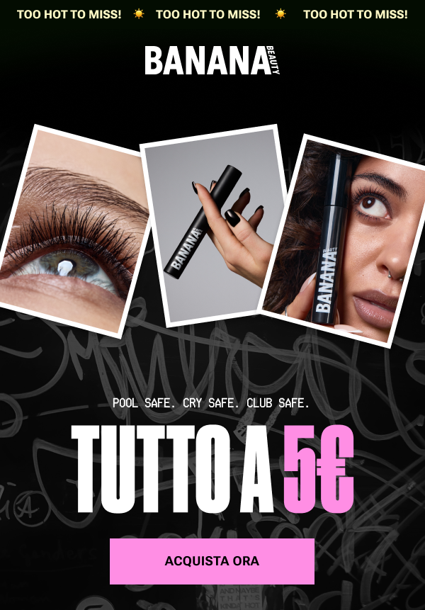 Banner stile Polaroid con ciglia, tubo Safe with me Mascara e applicazione. Pool safe. Cry safe. Club safe. Tutto a 5€.