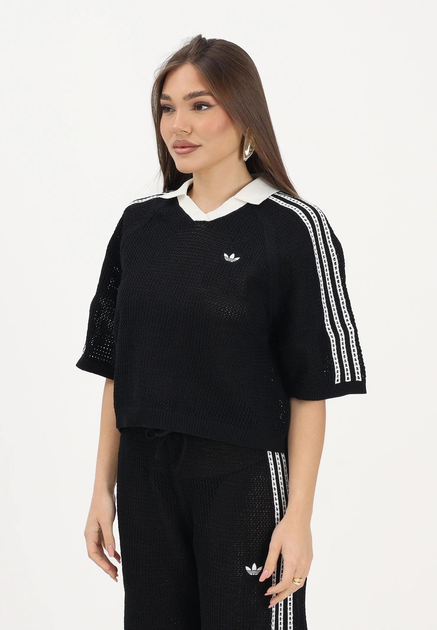 Image of ADIDAS ORIGINALS Polo a manica corta KNITTED CROCHET nera da donna