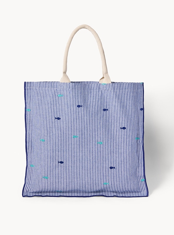 Shopper in cotone a righe ricamo pesciolini