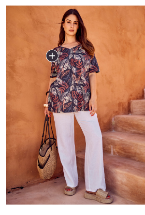 Leaf Print Short Sleeve Tee - Featuring a pintucked neckline for added depth.