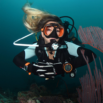 Underwater scuba diver in full gear exploring a coral reef, regulator and dive computer visible
