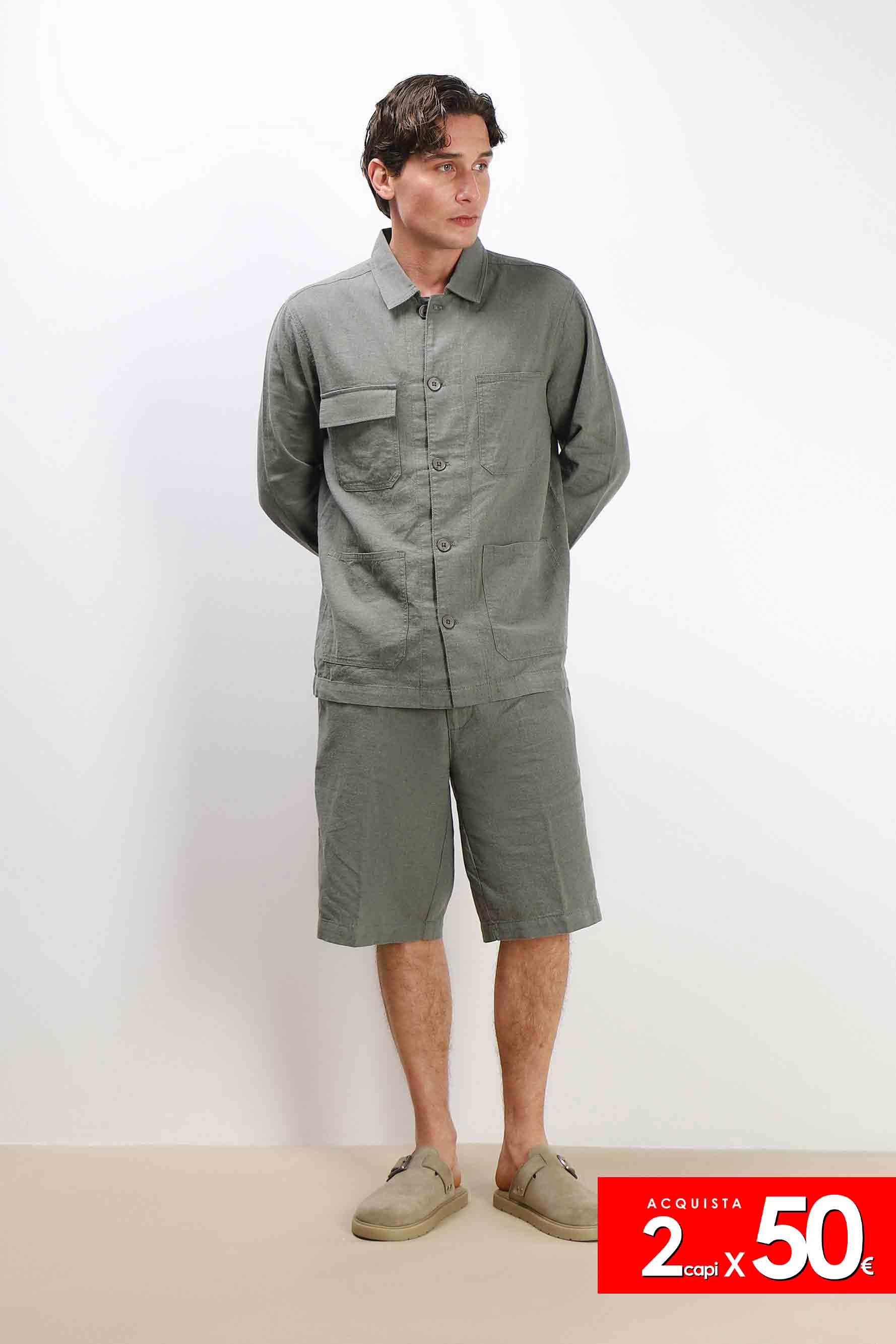 Image of BERMUDA MISTO LINO MEZZA COULISSE VERDE MILITARE