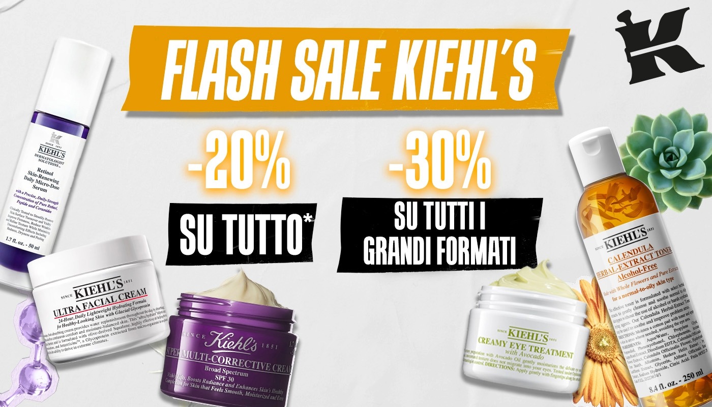 Flash Sale Kiehl's: −20% su tutto il catalogo, −30% su tutti i Grandi Formati