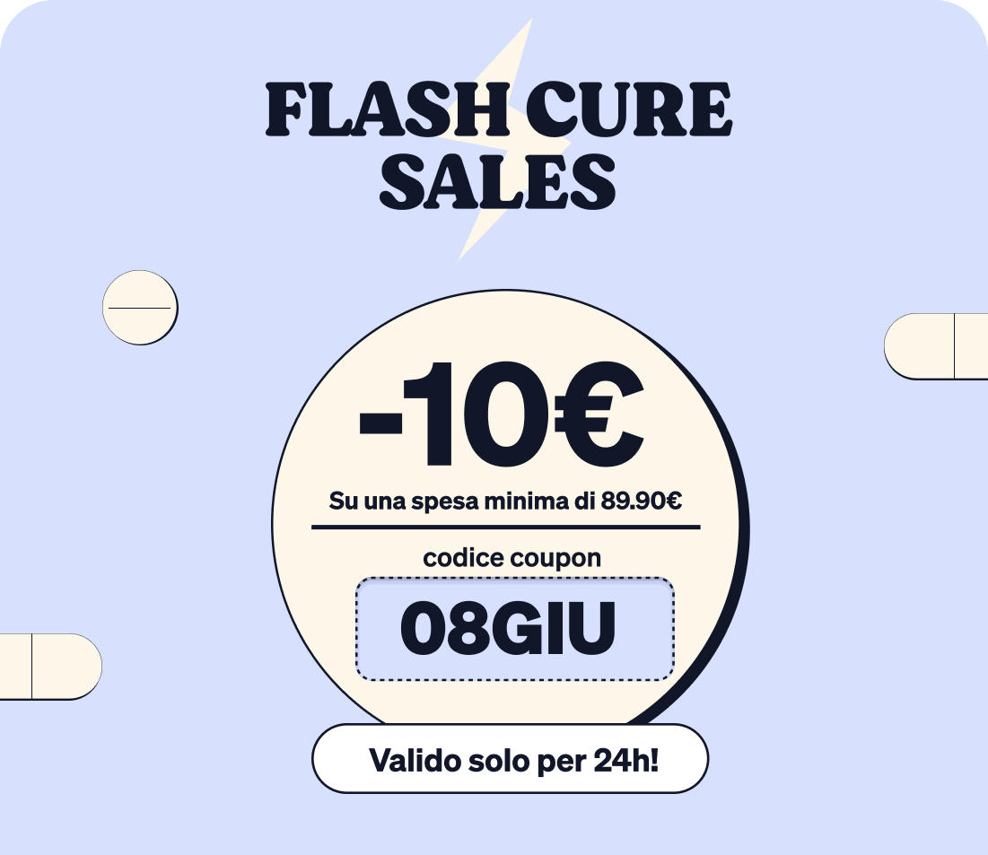 Graphic pattern of four 'FLASH CURE SALES' badges on pale lilac background showing -10€ discount, coupon code 08GIU and pill illustrations