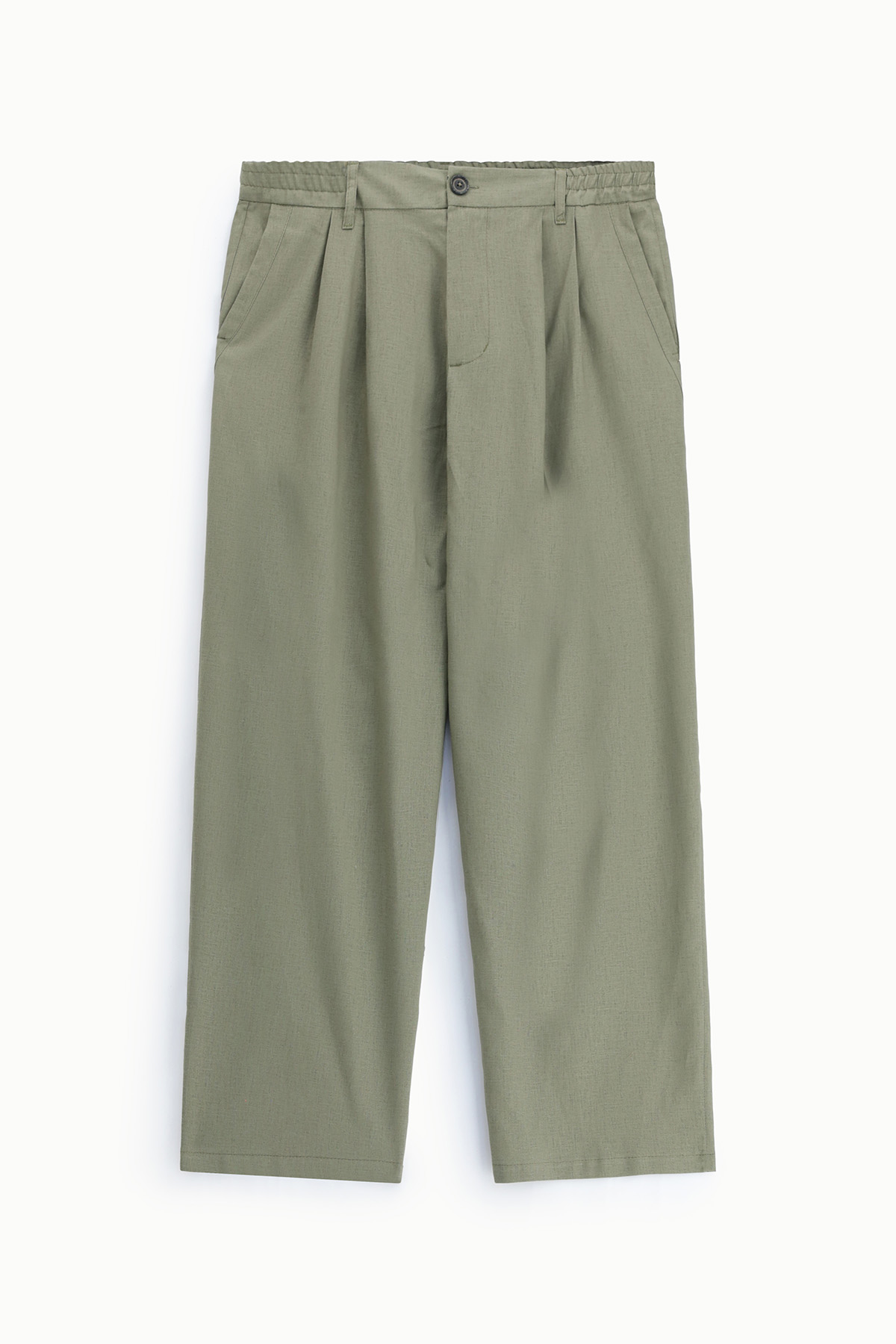 Men's olive-green pleated wide-leg trousers with button and zip fly, belt loops and side pockets