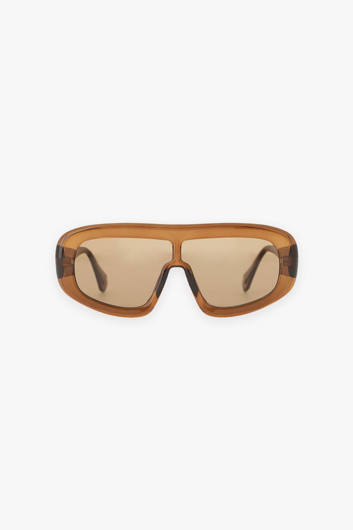 Brown wraparound shield sunglasses with amber-tinted lenses on white background — sporty unisex fashion eyewear