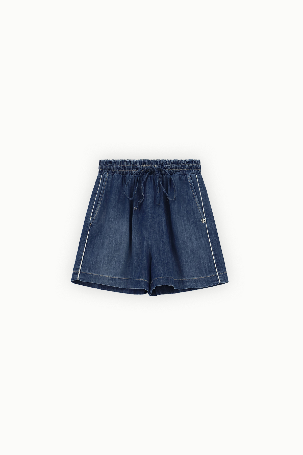 Dark blue denim women's shorts with elastic waistband, drawstring and side pockets, contrast white topstitching
