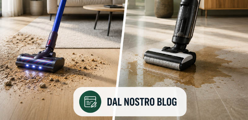 Cordless vacuum cleaning dry debris (left) and electric mop removing a spill (right) from wooden floor in living room