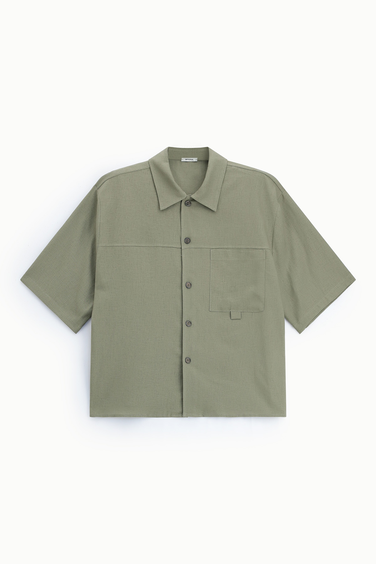 Olive-green short-sleeve button-up shirt with chest pocket and structured collar, boxy fit
