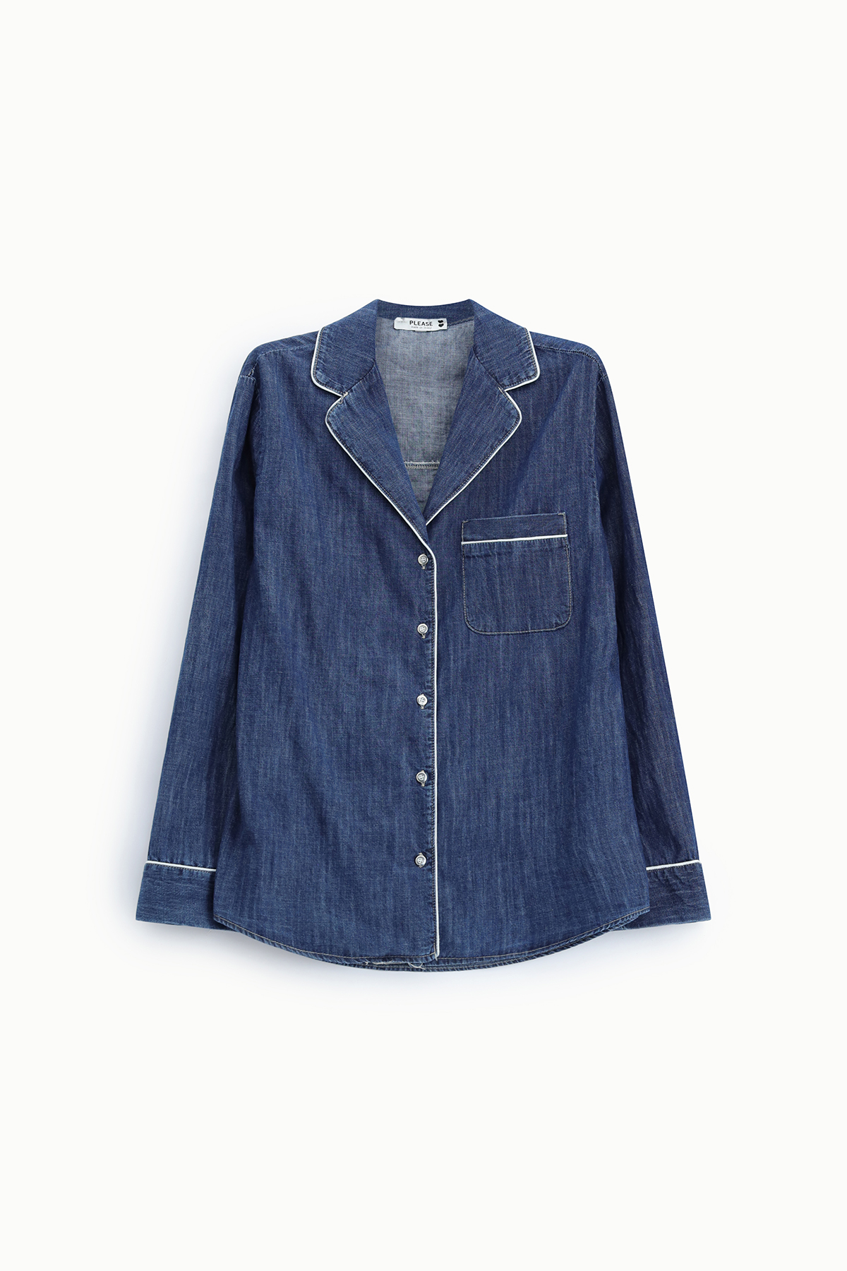 Dark denim long-sleeve button-front shirt with white piped trim and chest pocket, laid flat on white background