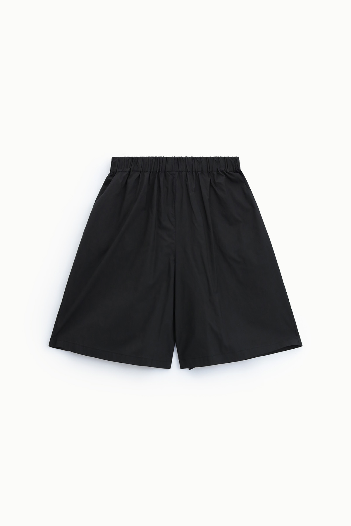 Black wide-leg shorts with elasticated waistband on white background