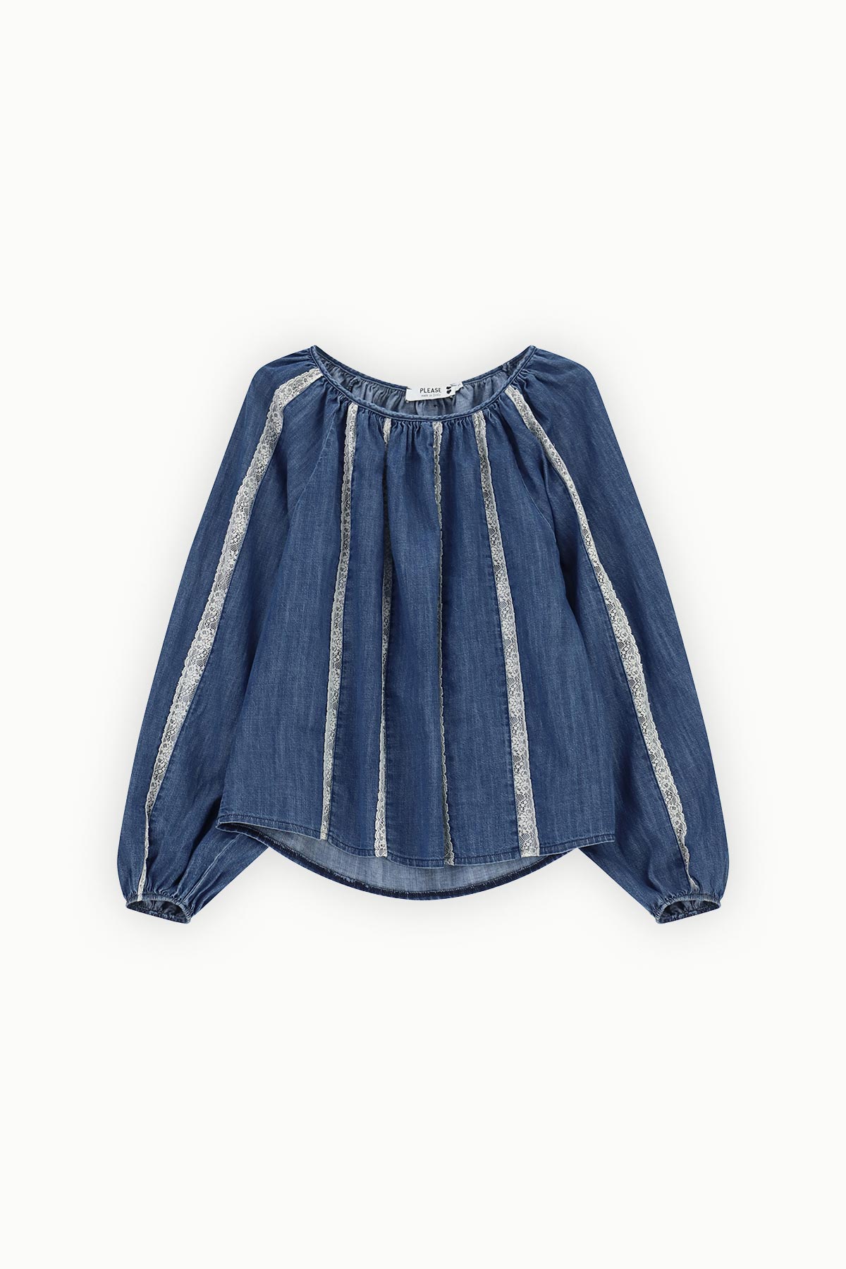 Blue denim peasant blouse with long balloon sleeves and vertical white embroidered stripes, women's casual top