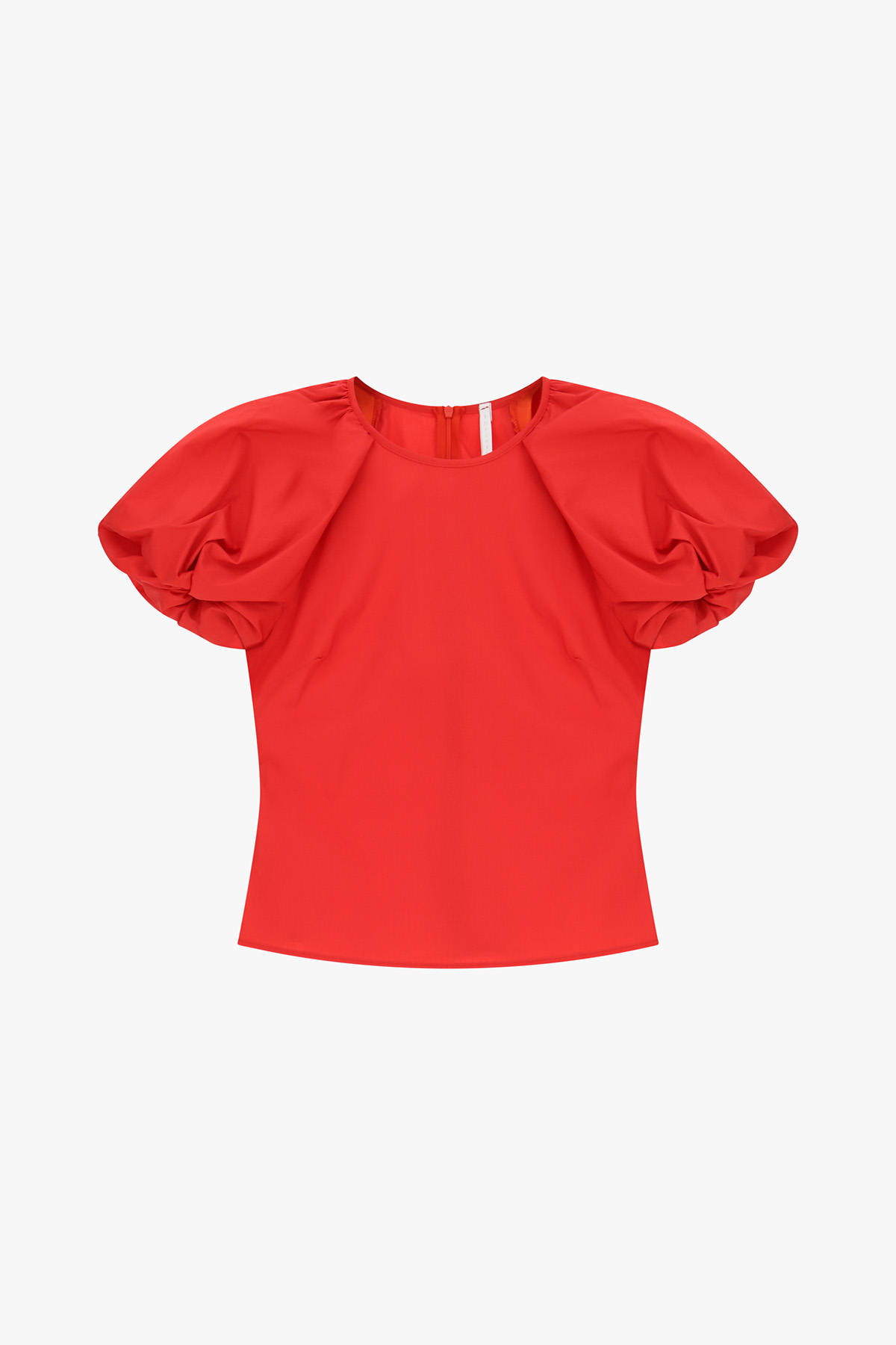 Bright red women's blouse with short voluminous puff sleeves, round neckline and rear zip, flat-lay on white background