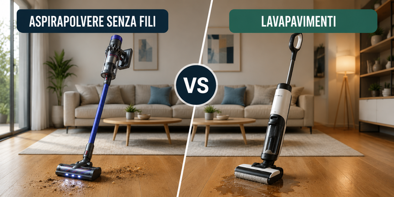 Split-screen living room: left cordless stick vacuum cleaning dry dirt on wooden floor; right floor washer mopping a liquid spill in a VS comparison