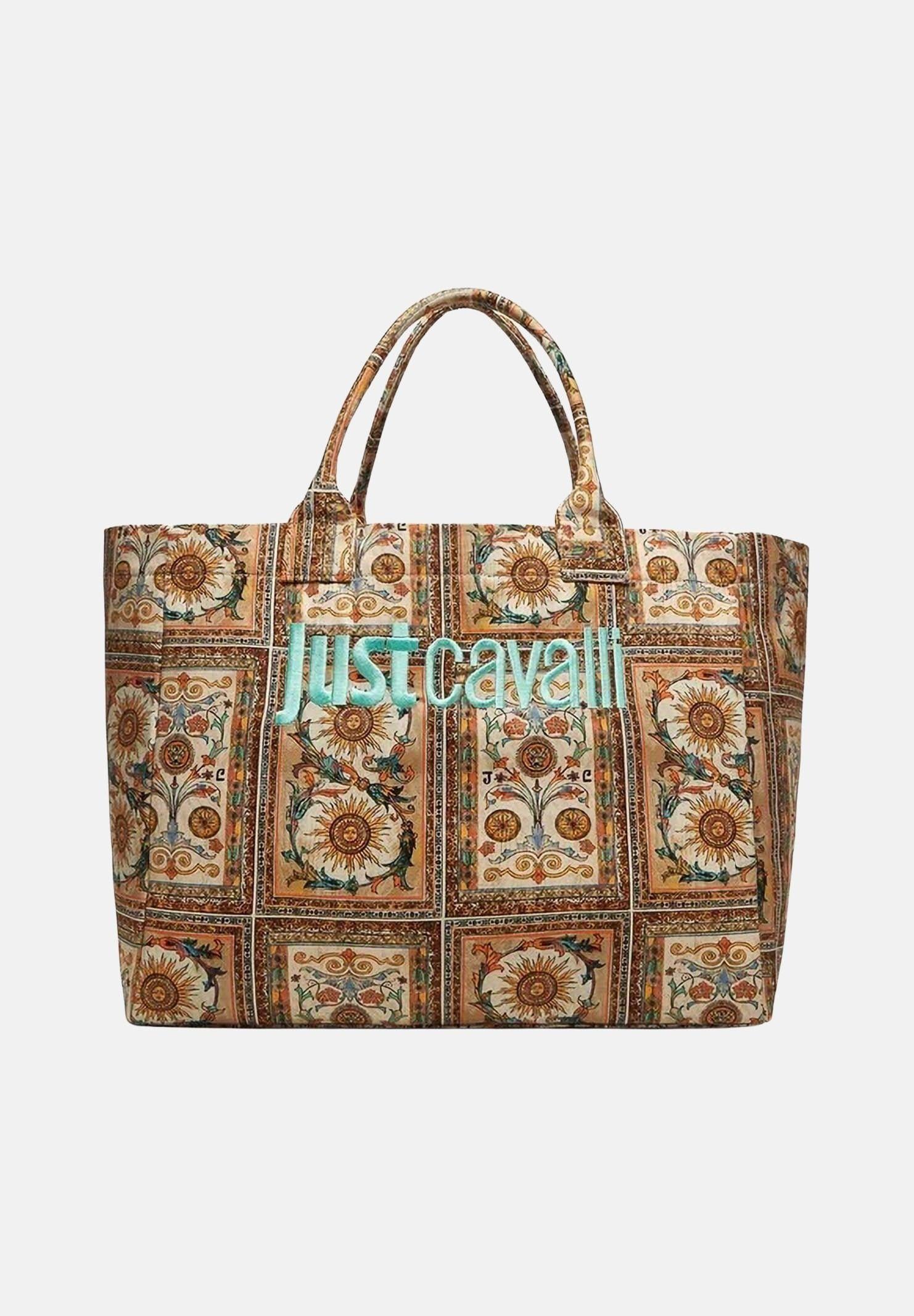 Image of JUST CAVALLI Borsa mare beige da donna con stampa ornamentale