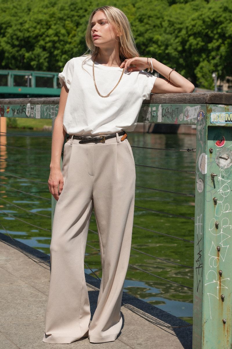 Pantalone Palazzo Loose Fit in Interlock Beige