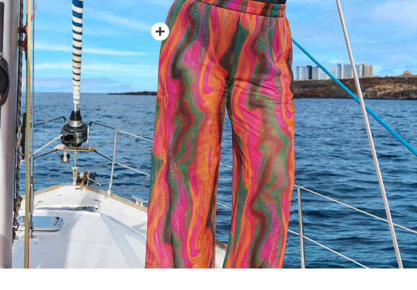 Pantaloni a palazzo, fantasia a onde, taglio della gamba ampio, cintura elastica