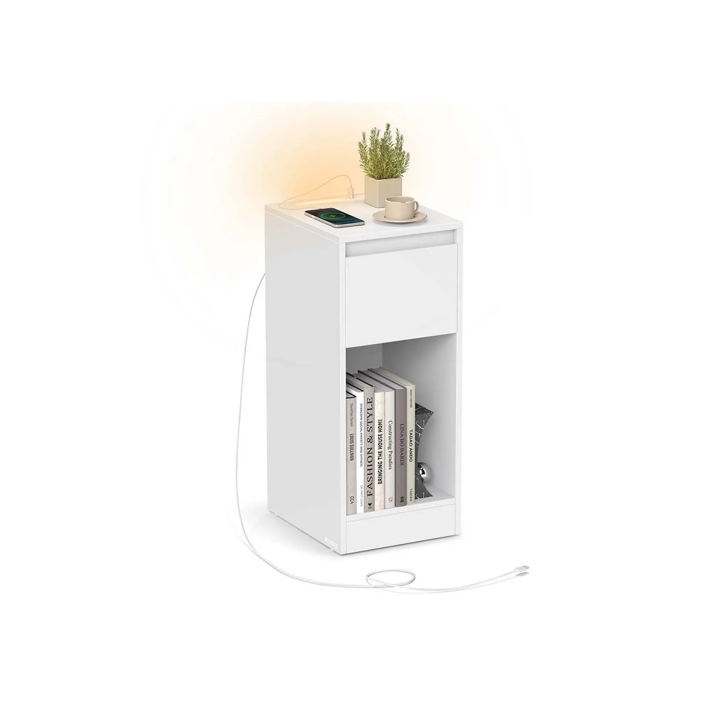 Image of Comodino con LED porte USB cassetto e scomparto