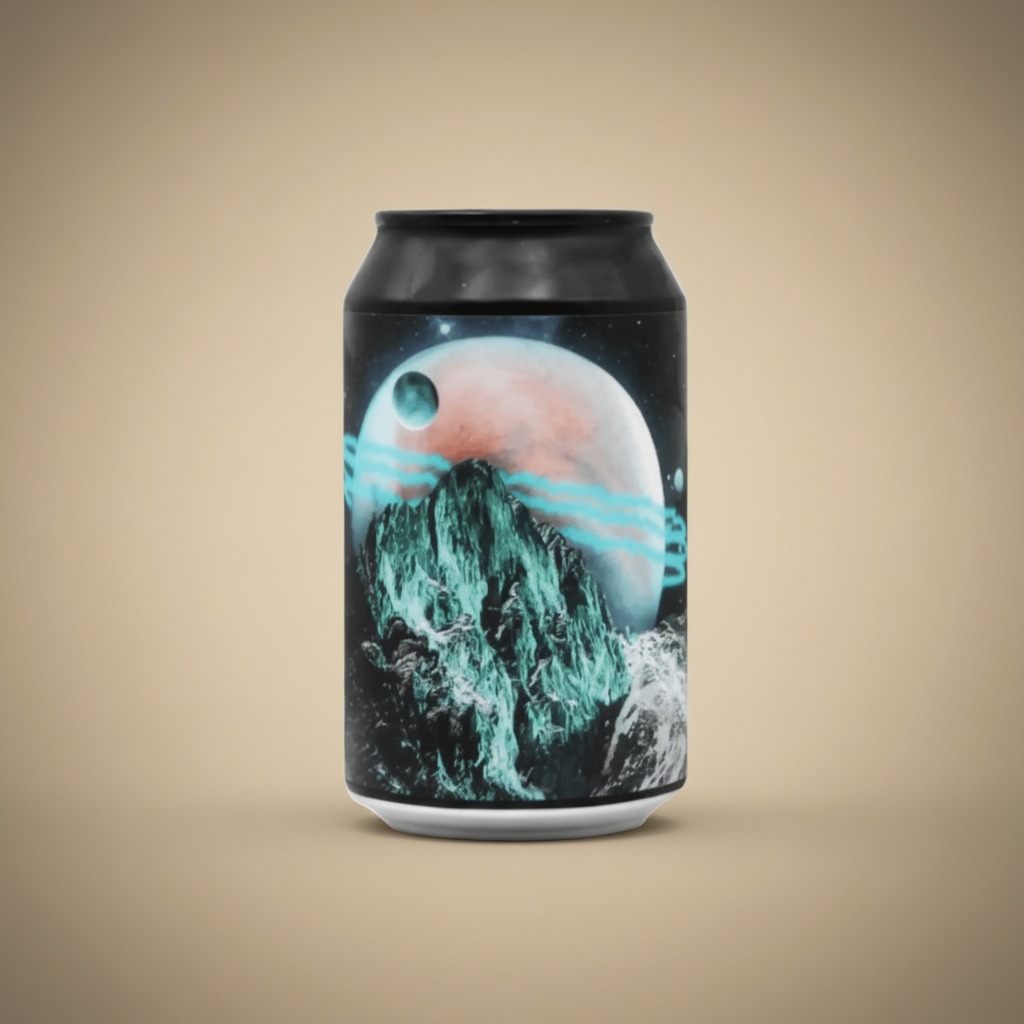 A can with a cosmic landscape featuring a planet, moon, and icy mountains.