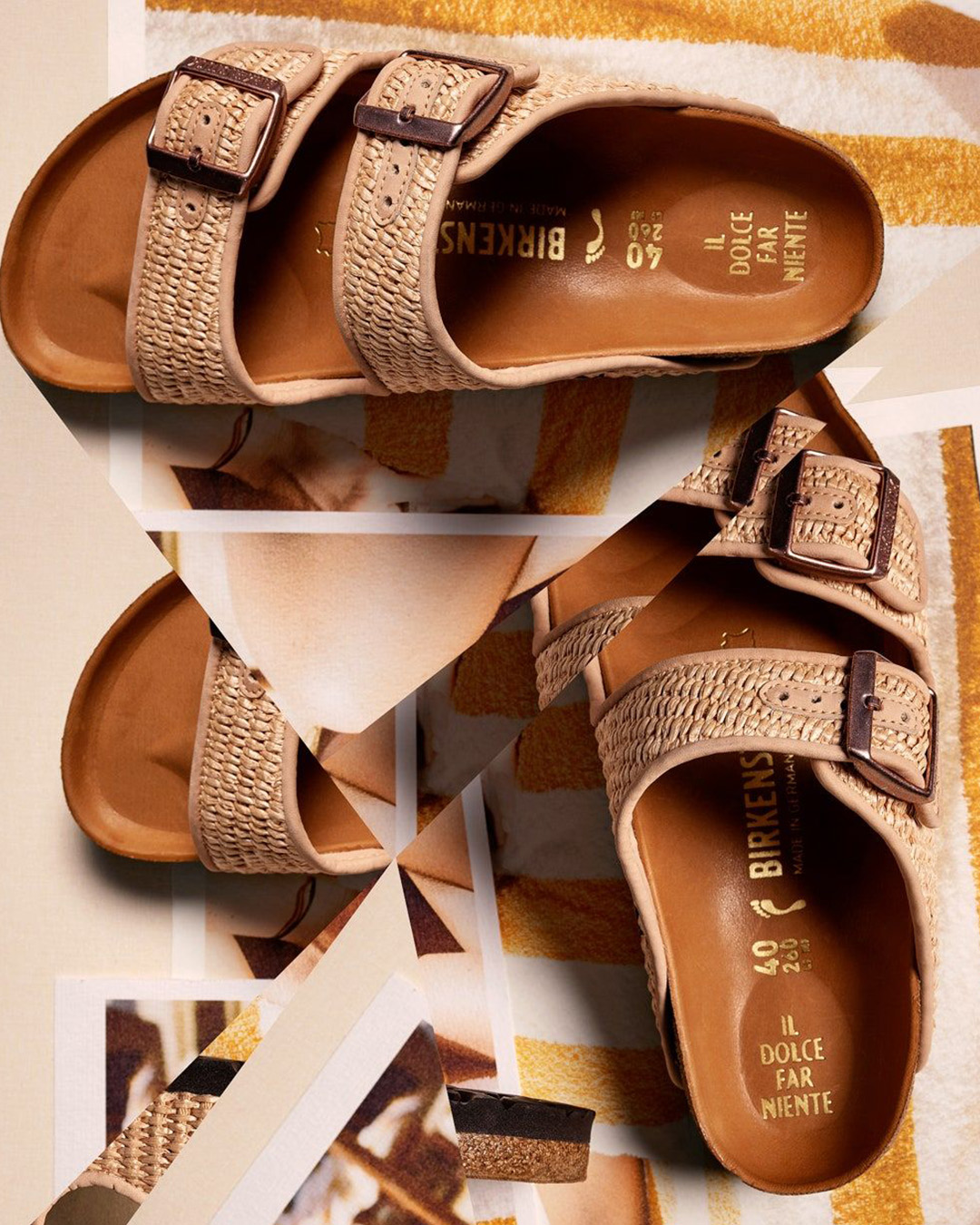 Beige woven double-strap Birkenstock sandals with brown buckles on geometric yellow and cream patterned background