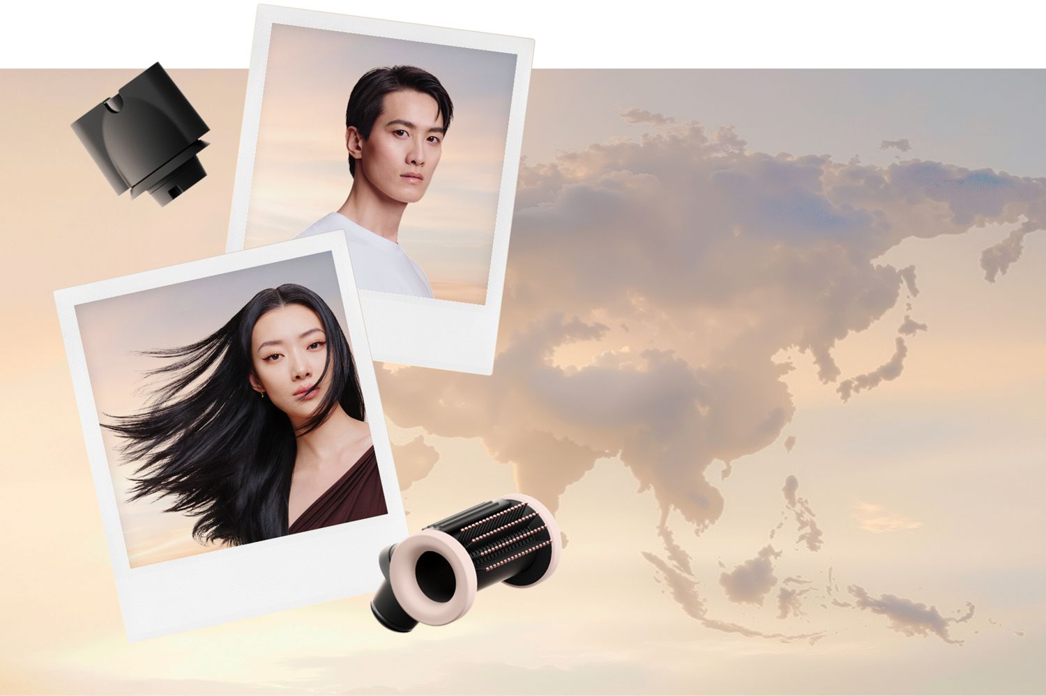 Polaroid di modelle accanto agli accessori di Dyson Supersonic e nuvole che rappresentano un planisfero.