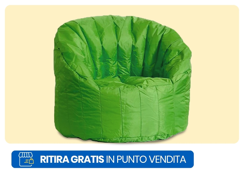 Bright green round bean bag armchair with stitched vertical panels on pale cream background
