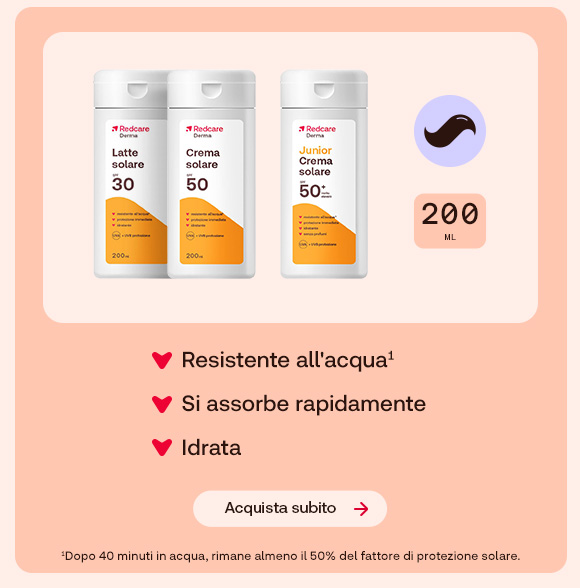 “Prodotti solari Redcare Derma (latte solare SPF 30, crema solare SPF 50 e crema solare junior SPF 50+) da 200 ml. Testo: ‘Resistente all’acqua’, ‘Si assorbe rapidamente’ e ‘Idrata’ con pulsante ‘Acquista subito’.” “Prodotti solari Redcare Derma (latte solare SPF 30, crema solare SPF 50 e crema solare junior SPF 50+) da 200 ml. Testo: ‘Resistente all’acqua’, ‘Si assorbe rapidamente’ e ‘Idrata’ con pulsante ‘Acquista subito’.”