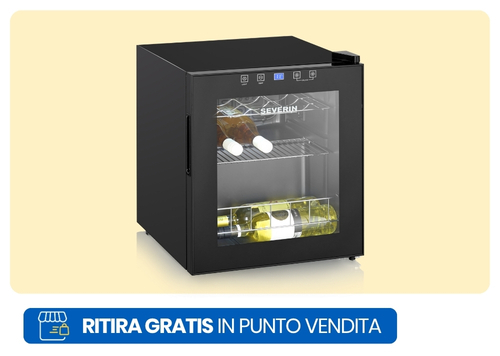 Black Severin countertop wine cooler with glass door, two chrome racks holding white and rosé wine bottles and digital control panel