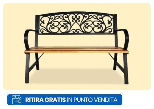 Ornate black metal-back garden bench with wooden slatted seat on pale background