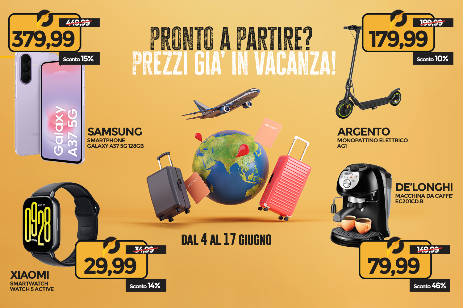Travel sale banner showing Samsung Galaxy A37 5G, Xiaomi Watch 5, electric scooter, De'Longhi coffee machine, suitcases and plane with prices and discounts