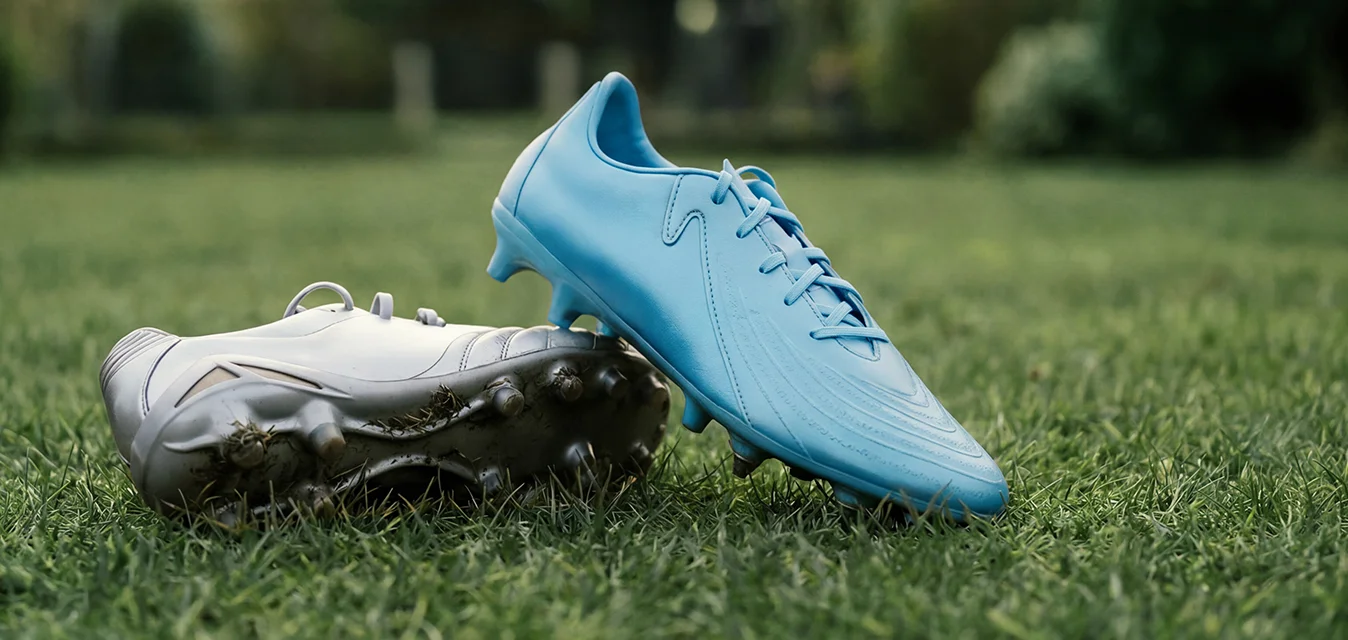 Una coppia di scarpe da calcio, una blu e una bianca, posate sull'erba verde con alberi e un cielo al tramonto sullo sfondo.