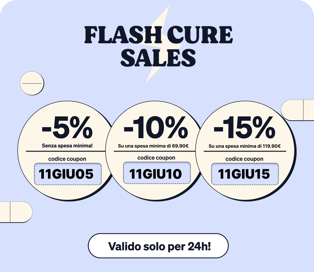 Repeated 'Flash Cure Sales' cards on pale blue background with circular -5% -10% -15% discount badges, codes and 'Valid for 24h'.